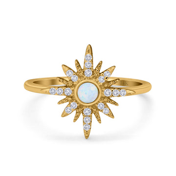 14K Yellow Gold Cluster Starburst Ring Round Lab Created White Opal Bridal Simulated CZ Wedding Engagement Size-7